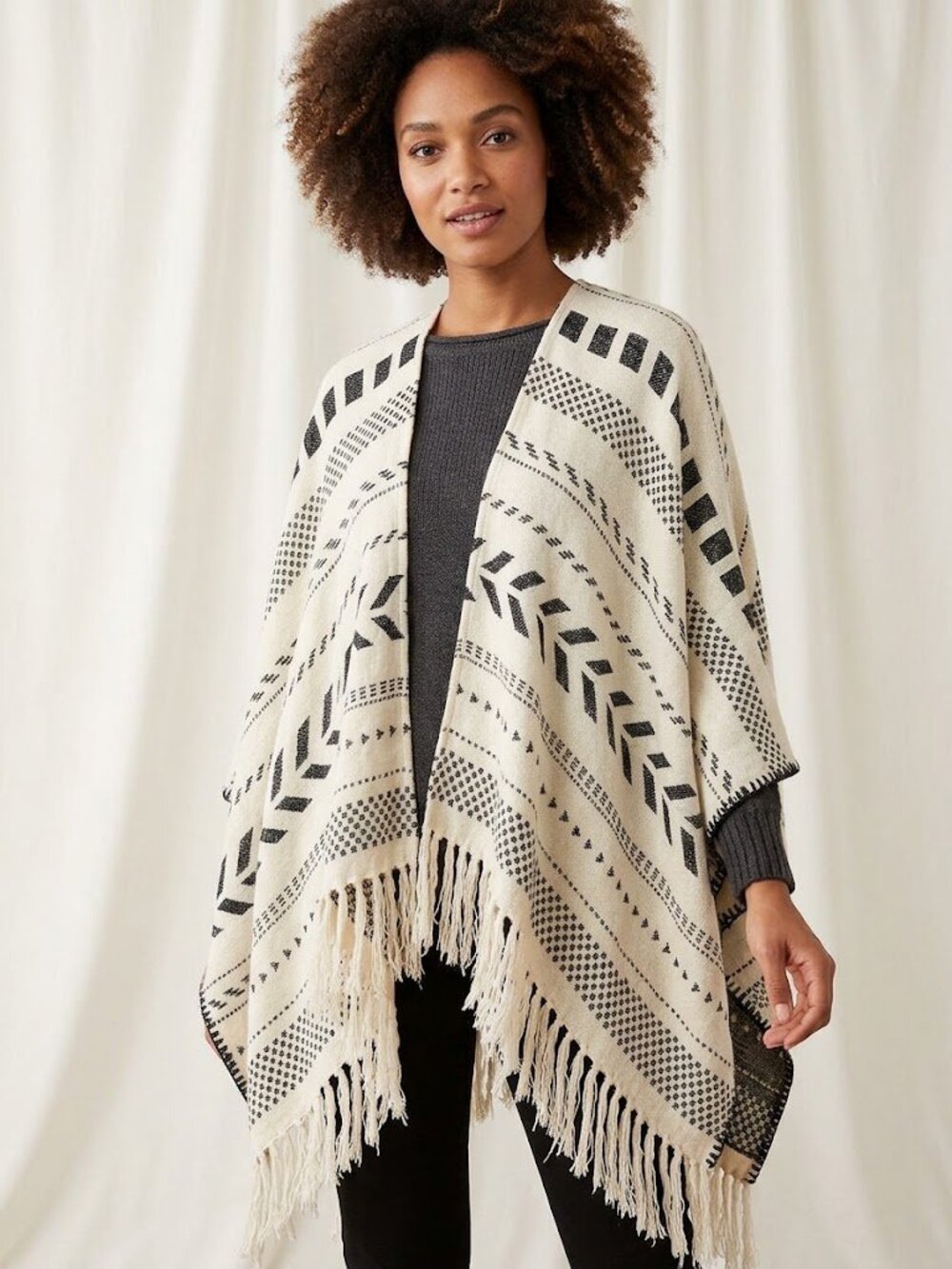 Boho Southwestern Woven Fringe Open Front Shawl Poncho Cape Top One Size Boho